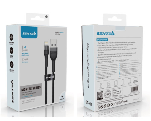 Кабель Senteo Montes series ST-01 2.4A USB to Lightning 1m Black