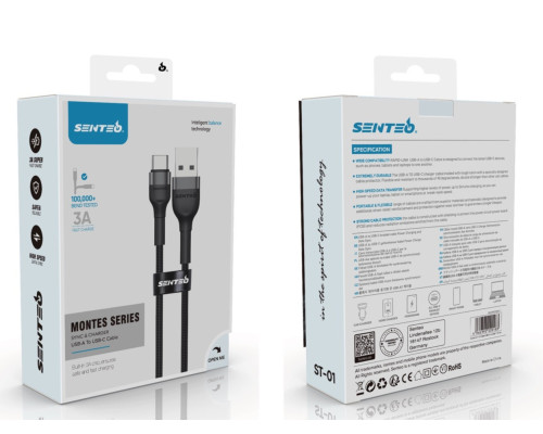 Кабель Senteo Montes series ST-01 3A USB to Type-C 1m Black