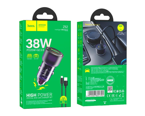 Автомобільний зарядний пристрій Hoco Z52 38W/PD20W/QC3.0 Purple