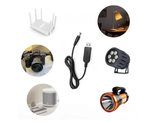 Кабель для роутера з перетворювачем на 12V, DC 2.1x5.5mm, USB 5V-12V, 1m, Black